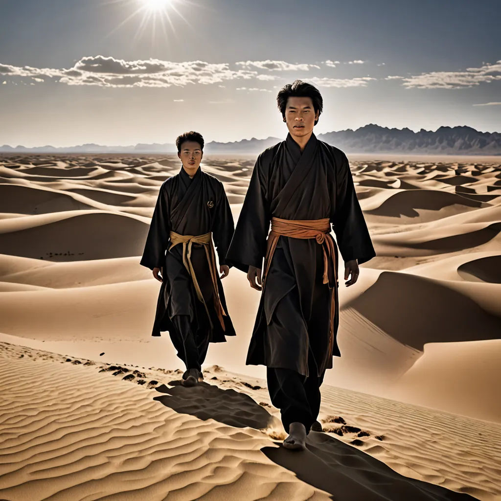 two men in black robes walking across a desert landscape with sand dunes in the background and a sun shining, dau-al-set, an album cover, Chang Dai-chien, promotional image