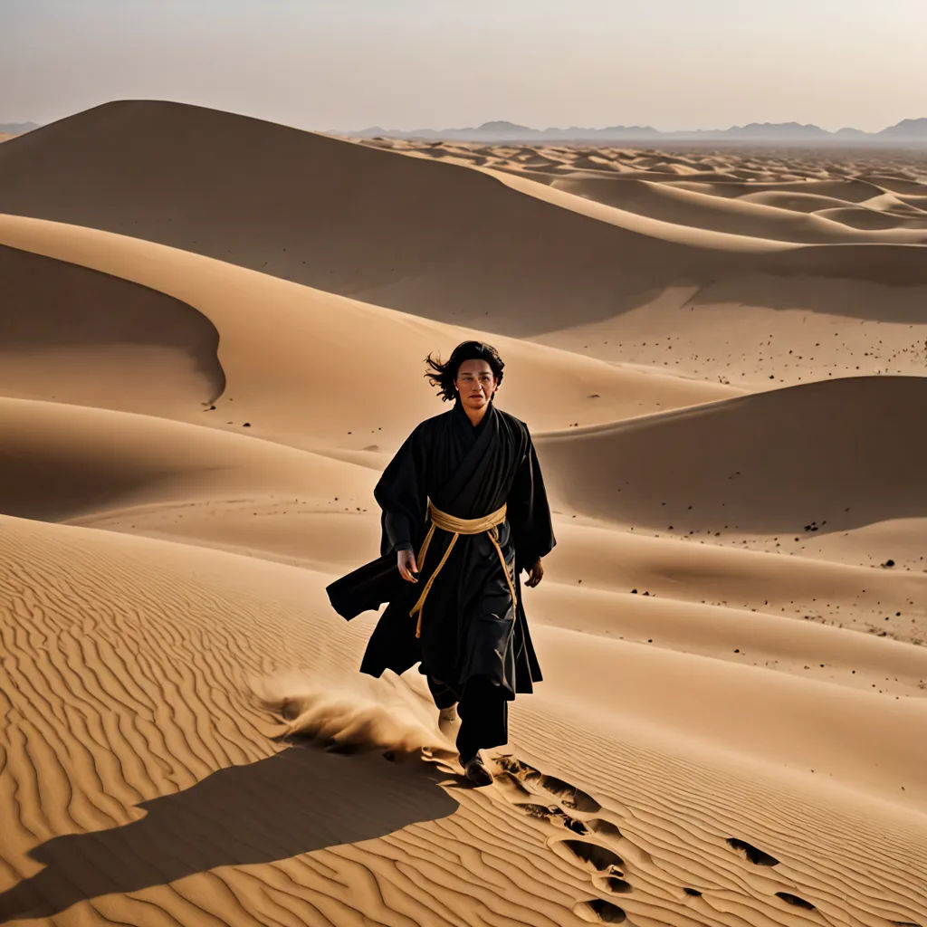 a man in a black outfit walking across a desert area with sand dunes in the background and a sky, dau-al-set, a character portrait, Amir Zand, desert