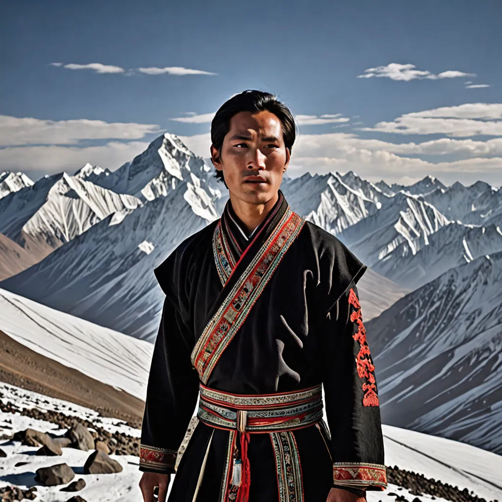 a man in a black outfit standing in the snow with mountains in the background and a sky with clouds, dau-al-set, a character portrait, Fang Congyi, cinematic photography