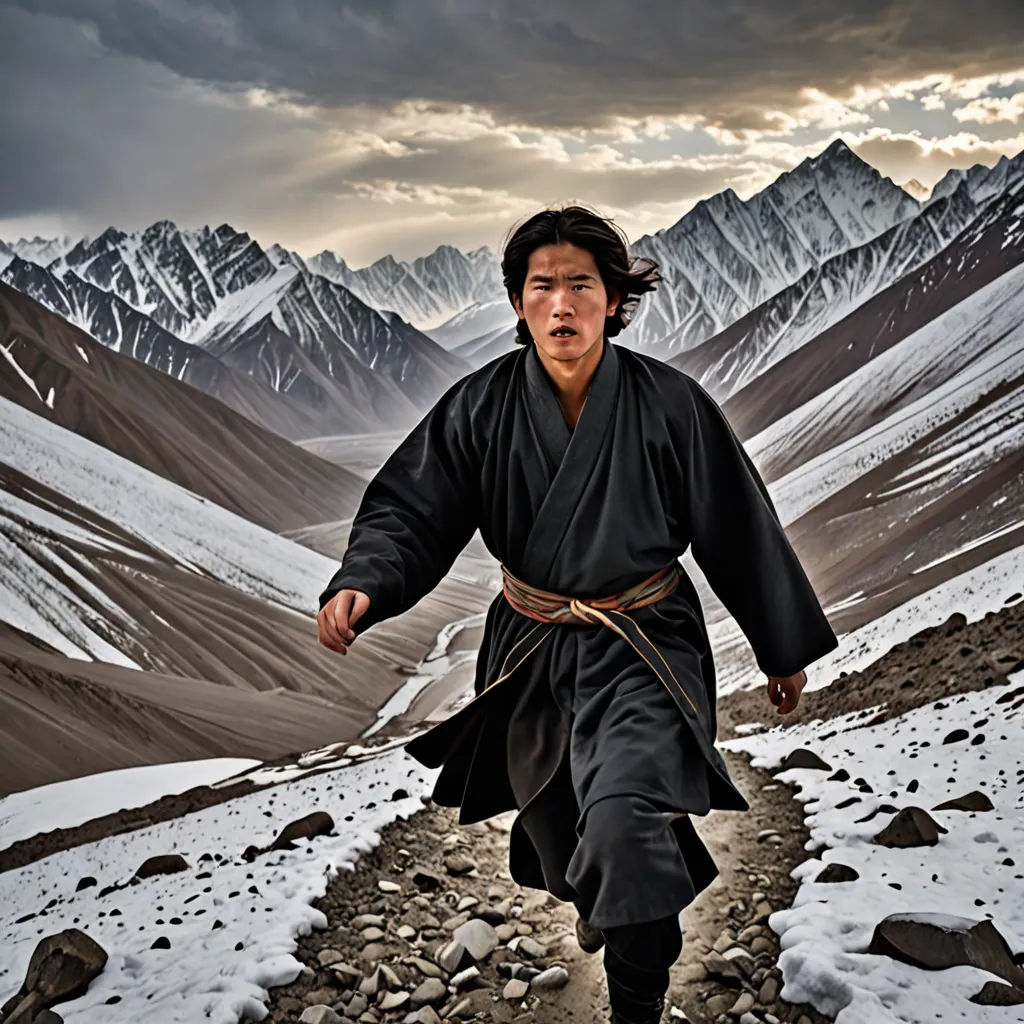 a man in a black robe is walking on a path in the mountains with a mountain range in the background, art photography, a character portrait, Andrew Law, cinematic photography