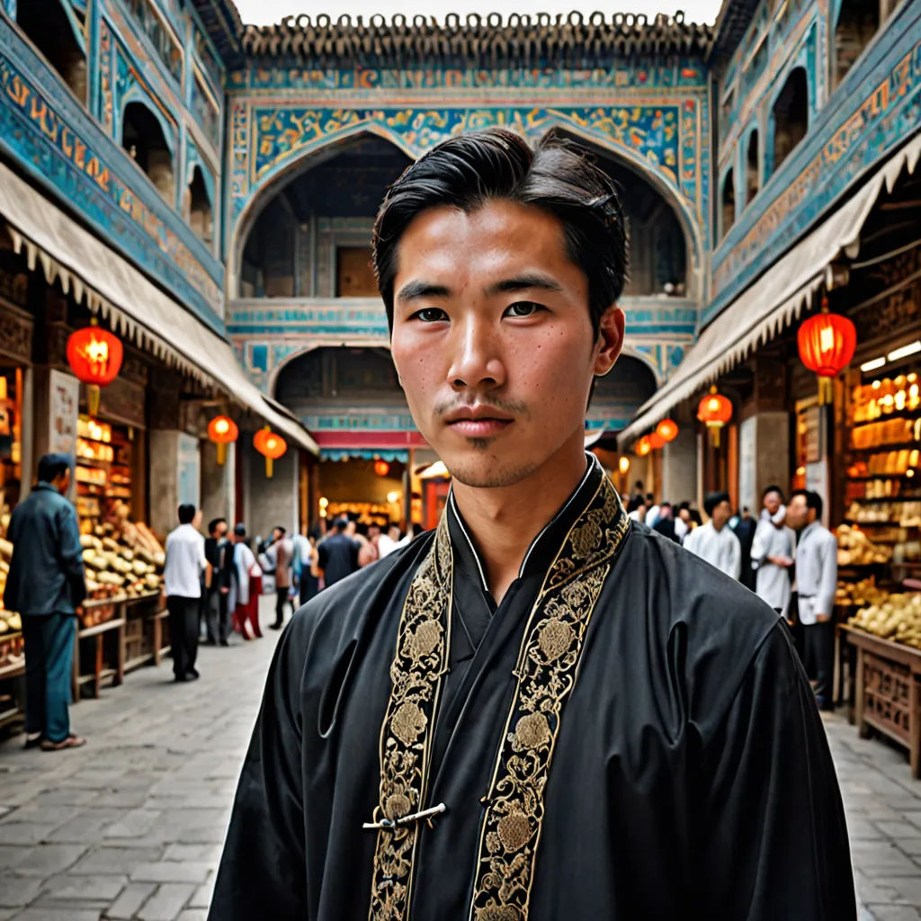 a man standing in a market with a lot of people around him and a building with a blue roof, cloisonnism, a character portrait, Emperor Huizong of Song, orientalism