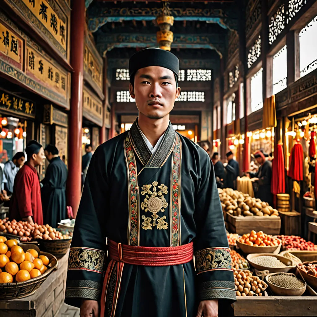 a man in a black and red outfit standing in a market area with oranges and other produce on display, cloisonnism, a character portrait, Emperor Huizong of Song, movie still