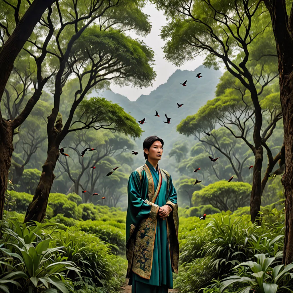 a man in a green outfit standing in a forest with birds flying overhead and trees in the background,, cloisonnism, a detailed matte painting, Emperor Huizong of Song, cinematic photography