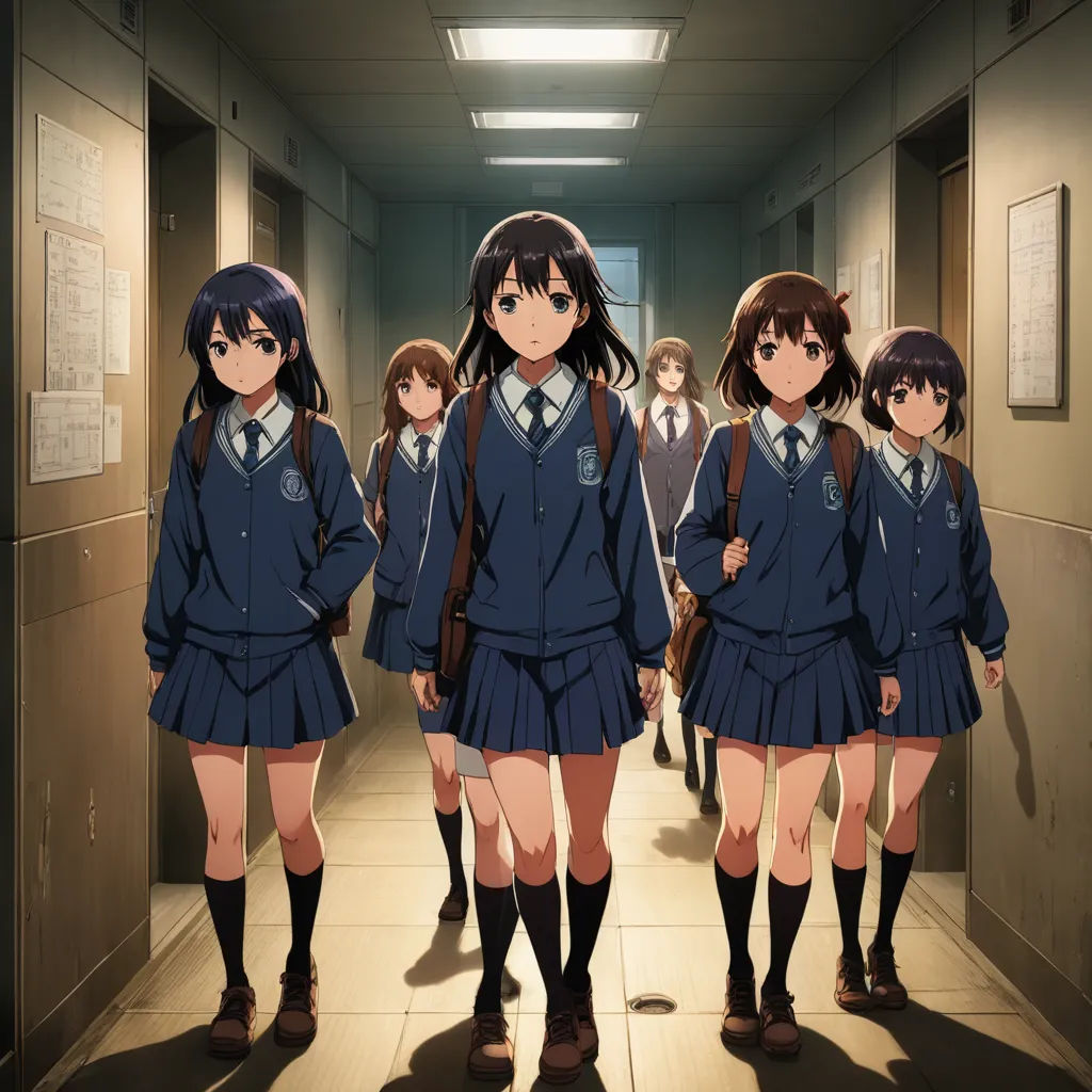 a group of girls in school uniforms walking down a hallway together in school uniforms with backpacks on their backs, rayonism, poster art, Ai-Mitsu, anime key visual
