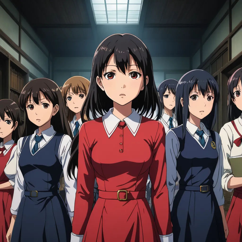 a group of girls in school uniforms standing in a hallway with a man in the background looking at the camera, serial art, poster art, Ayako Rokkaku, official art