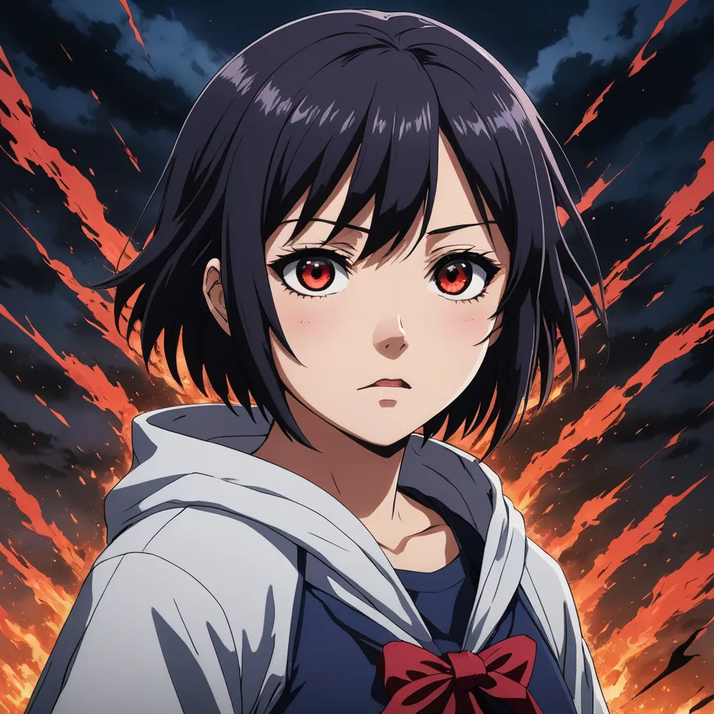 a girl with a bow in her hair standing in front of a fire and sky background with red eyes, shock art, poster art, Aya Goda, anime key visual