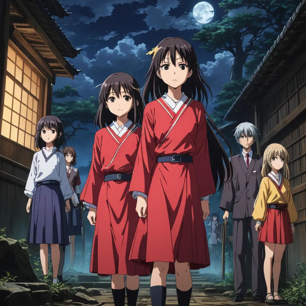 a group of people standing in front of a building at night with a full moon in the background and a full moon in the sky, rayonism, poster art, Baiōken Eishun, official art