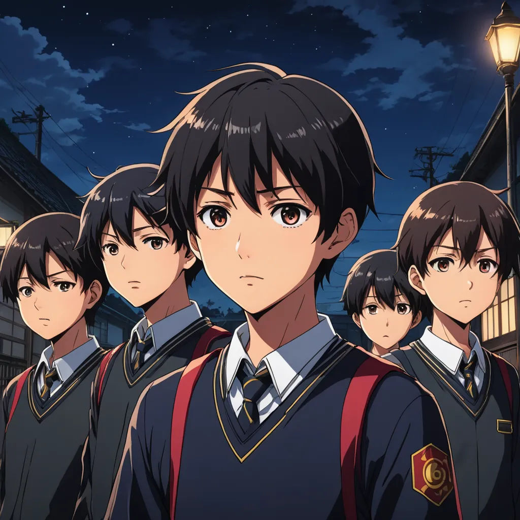 a group of young men standing next to each other in front of a street light at night with a full moon in the background, sots art, poster art, Ai-Mitsu, key visual