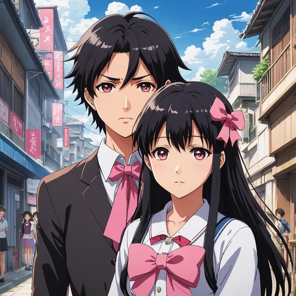 a couple of people standing next to each other in a street with buildings and people in the background with signs, serial art, poster art, Ai-Mitsu, official art