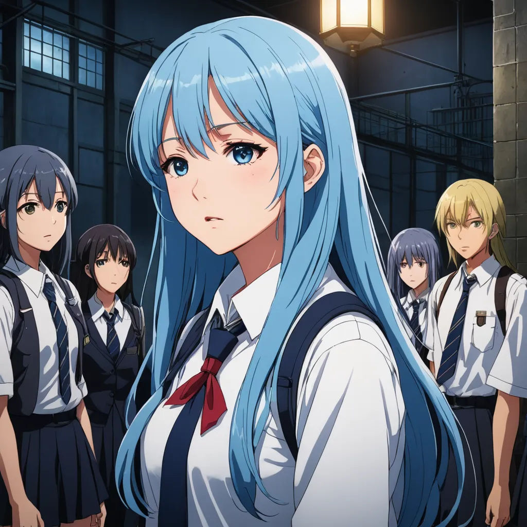 a group of anime girls standing in a room with a light on above them and a lamp above them, serial art, a character portrait, Aya Goda, official art