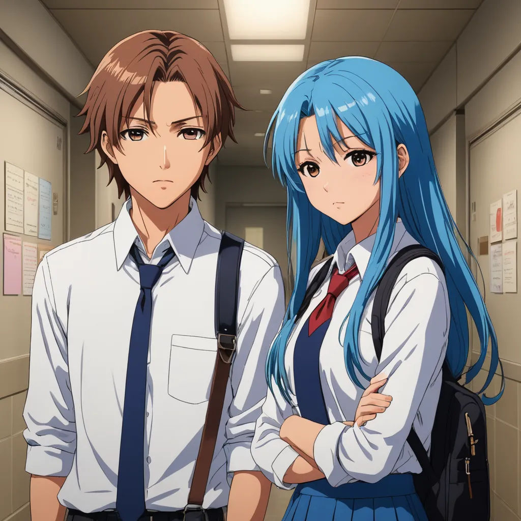 two anime characters standing in a hallway with blue hair and blue eyes and a backpack on their shoulders,, sots art, an album cover, Aya Goda, official art