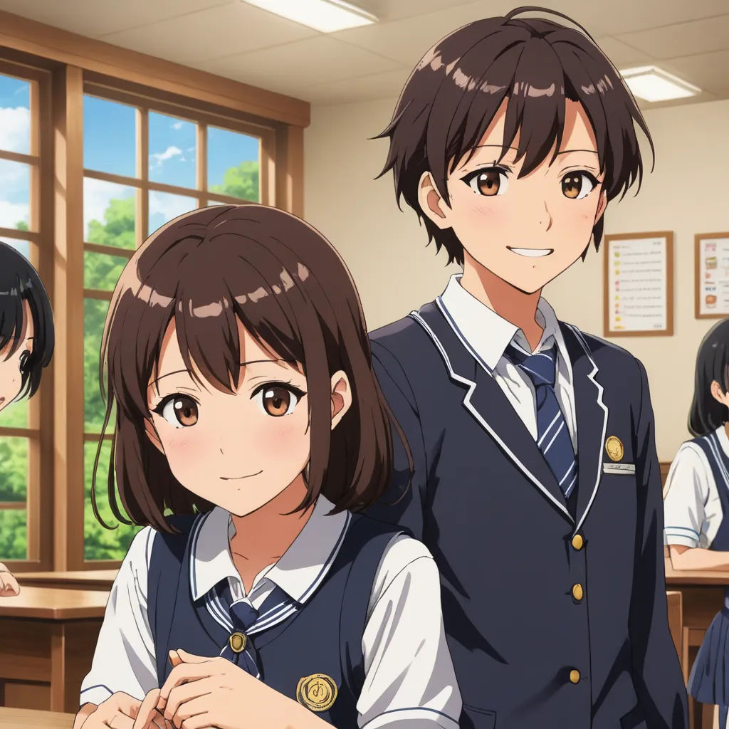 a group of young people standing in a classroom together in front of a window with a tree outside of it, sots art, computer graphics, Ai-Mitsu, official art