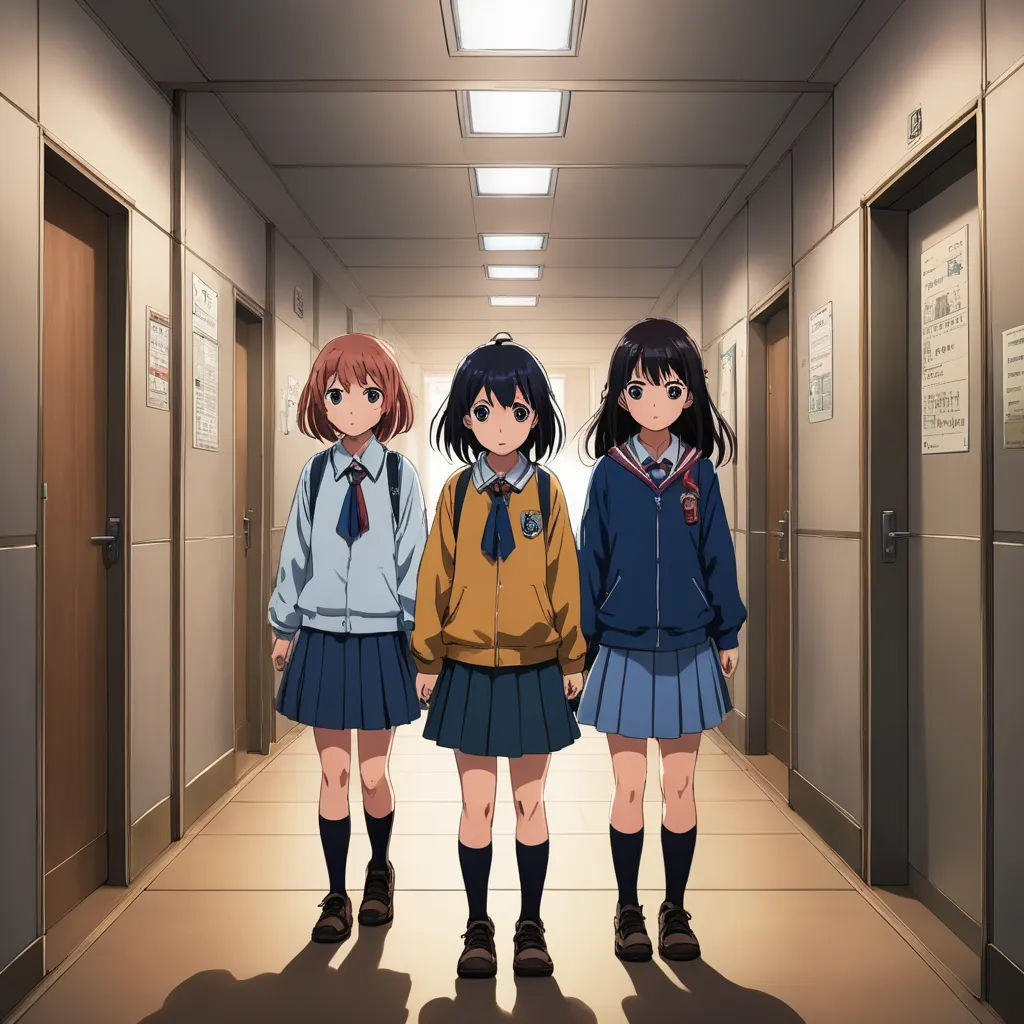 three girls in school uniforms are standing in a hallway together, with the doors open and the floor lit, rayonism, poster art, Ai-Mitsu, kyoto animation