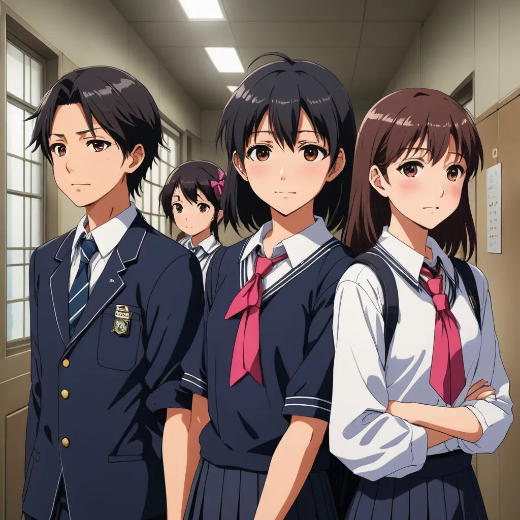 a group of young girls standing next to each other in a hallway with their arms crossed and looking at the camera, serial art, poster art, Ai-Mitsu, official art