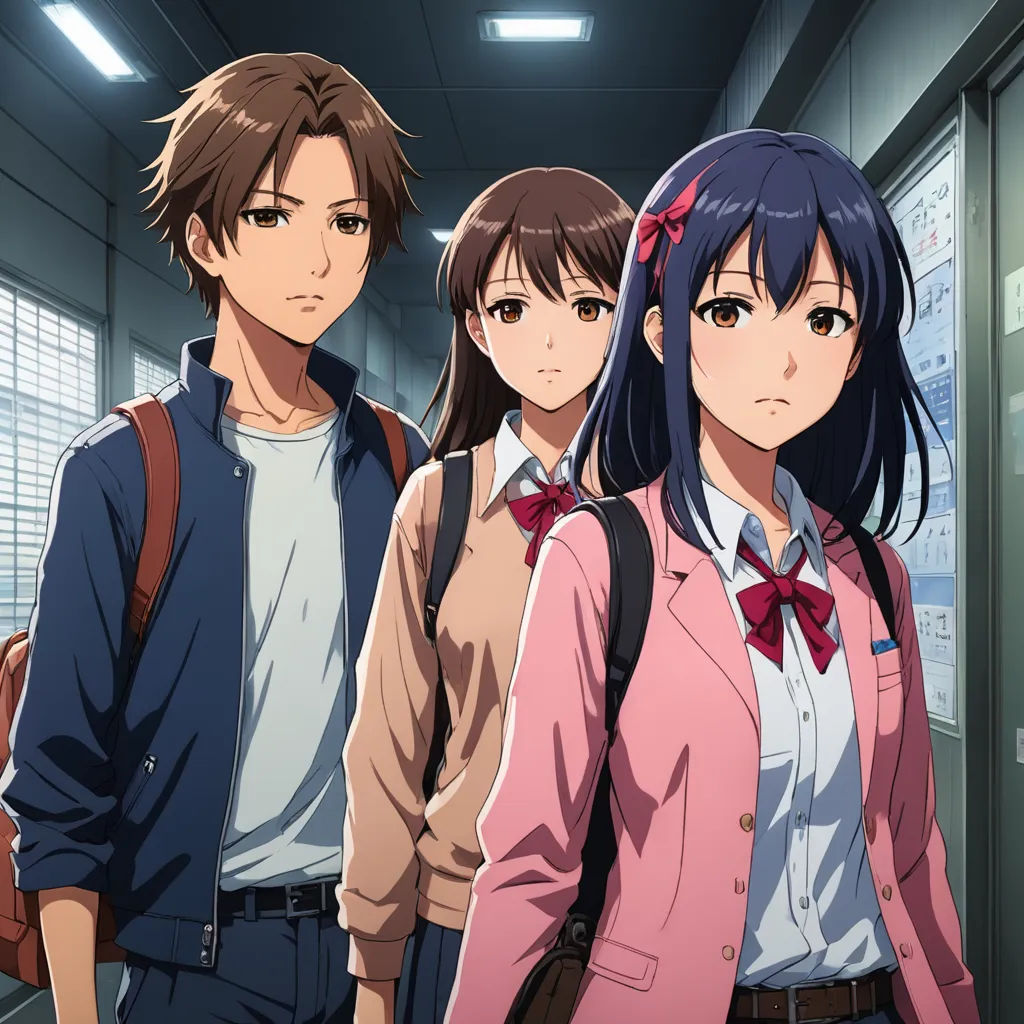 a group of people standing in a hallway next to each other in front of a window with a clock, serial art, poster art, Ai-Mitsu, official art