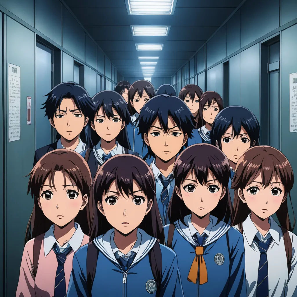 a group of young people standing in a hallway together in school uniforms and ties, with the caption'school uniform'written on the front of the group, serial art, poster art, Ai-Mitsu, key visual