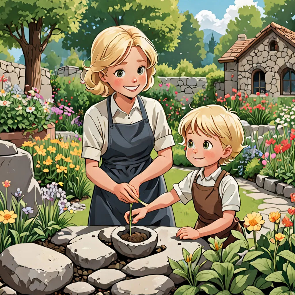 a woman and a child are in a garden with flowers and rocks and a stone wall behind them is a stone house, american scene painting, a storybook illustration, Cedric Seaut (Keos Masons), official art
