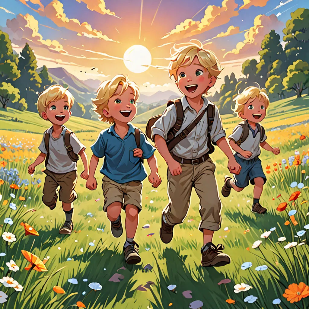 a group of children running through a field of flowers with a sun in the background and a sky with clouds, rayonism, a storybook illustration, Brothers Hildebrandt, official art