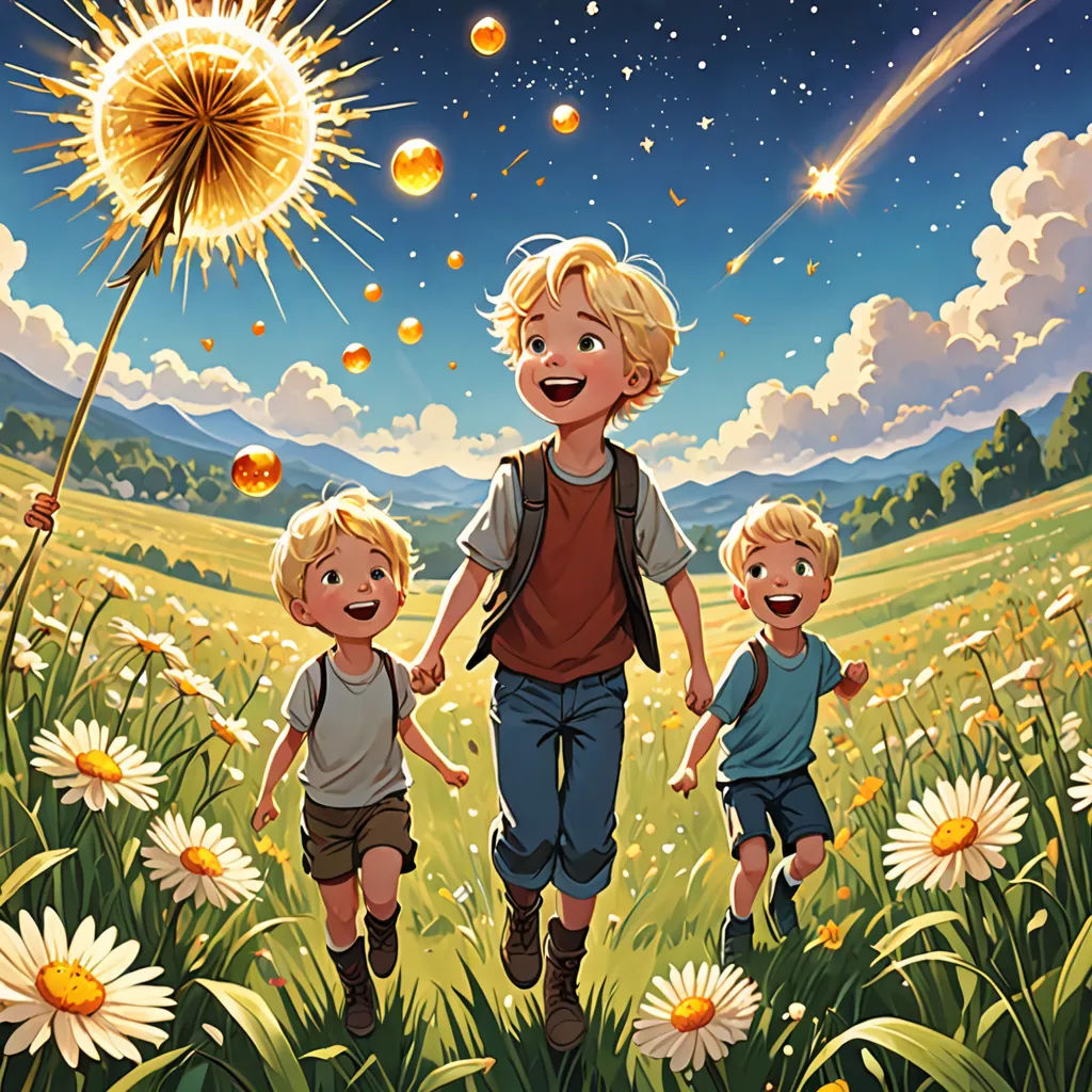 a painting of a boy and two boys walking through a field with a dandelion in the background, magic realism, a storybook illustration, Aaron Jasinski, official art