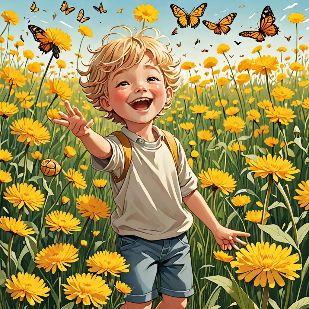 a boy in a field of yellow flowers with a butterfly flying overhead in the background of the picture is a field of yellow flowers, fantasy art, a storybook illustration, Aaron Jasinski, trending on art station