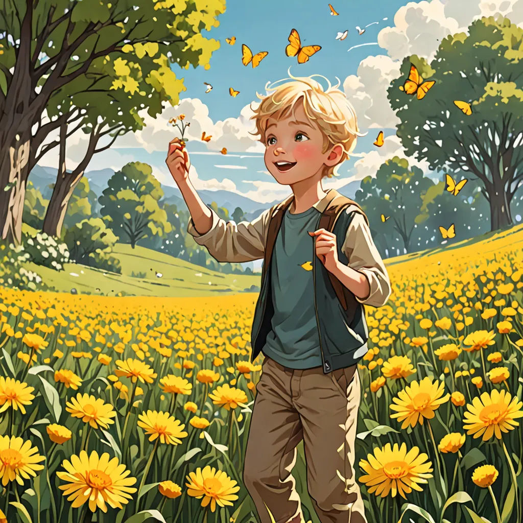 a boy in a field of yellow flowers with a butterfly in his hand and a tree in the background, fantasy art, a storybook illustration, Aaron Jasinski, rossdraws global illumination