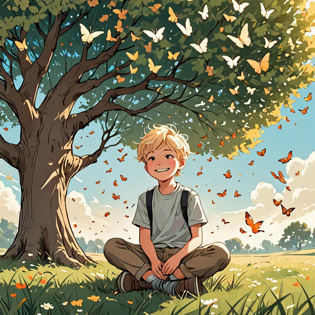 a boy sitting in the grass under a tree with butterflies flying around him and a tree with a boy sitting in the grass under a tree, magic realism, a storybook illustration, Cliff Childs, storybook illustration