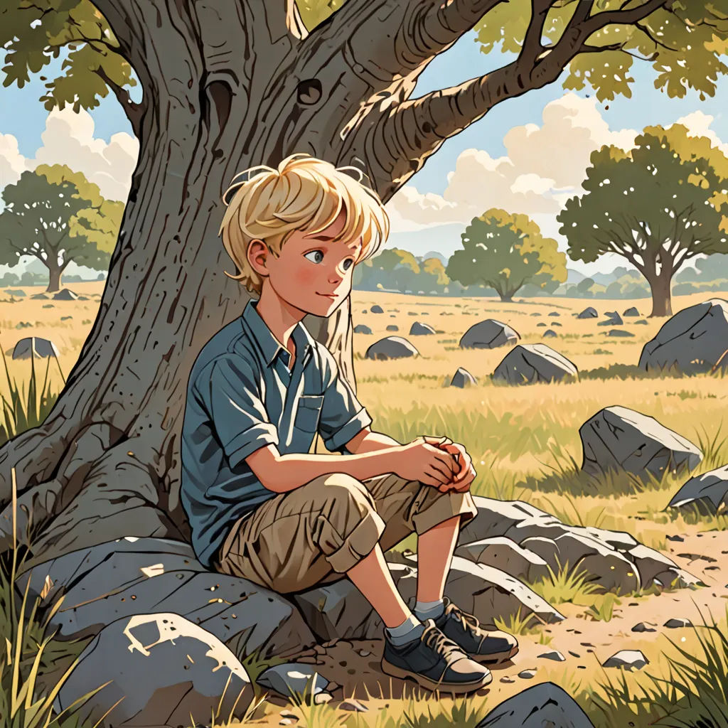 a boy sitting on a rock under a tree in a field of rocks and grass with a sky background, context art, a storybook illustration, Diego Gisbert Llorens, storybook illustration