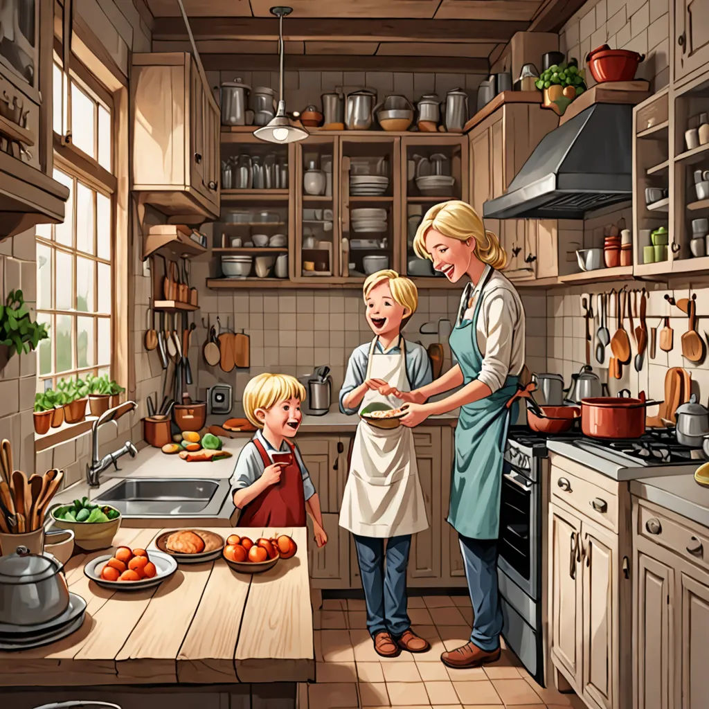 a woman and two children in a kitchen preparing food together, with a woman standing over the kitchen counter, photorealism, a storybook illustration, Brothers Hildebrandt, storybook illustration