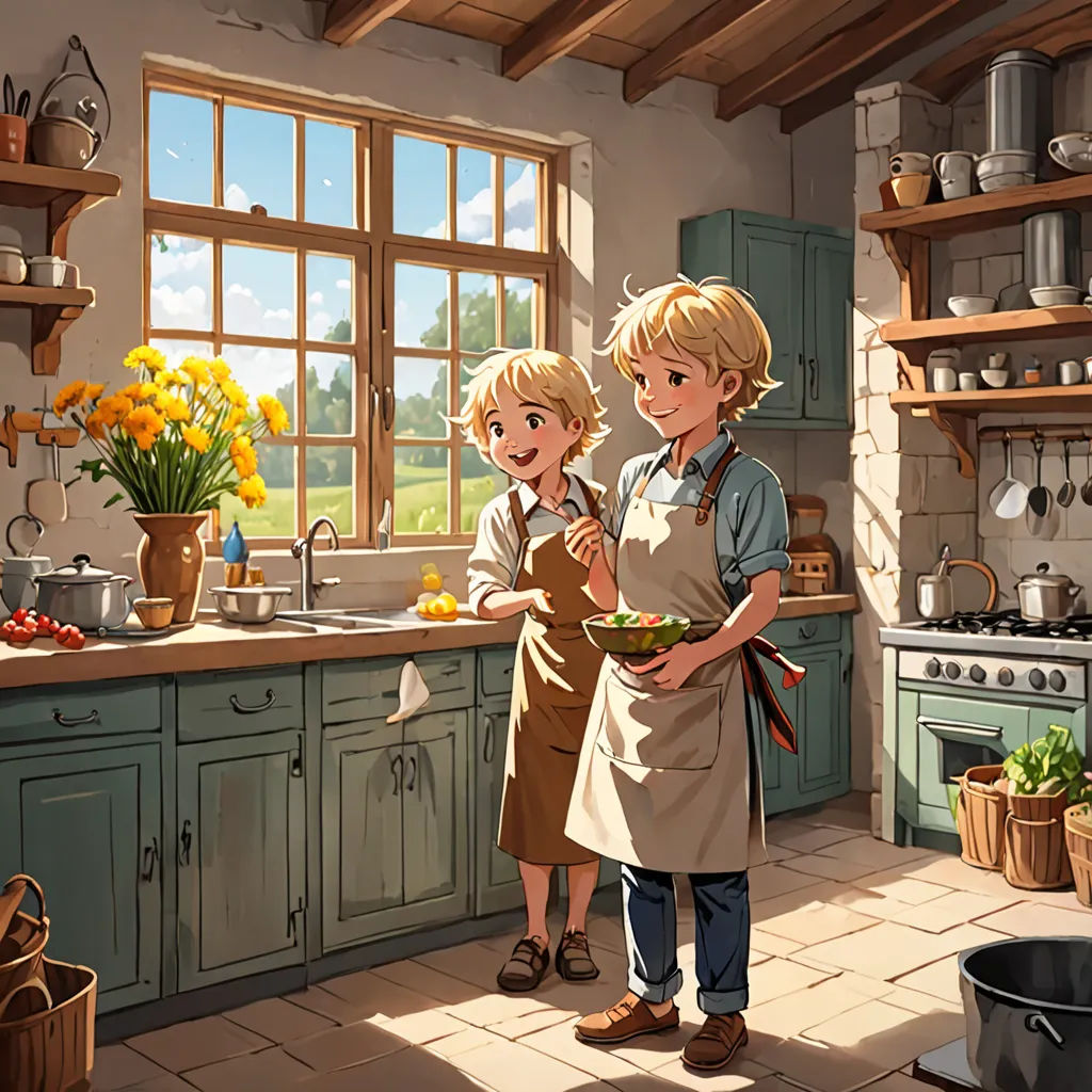 a boy and a girl are standing in a kitchen together and holding a plate of food in front of them, american scene painting, a storybook illustration, Brothers Hildebrandt, cushart krenz