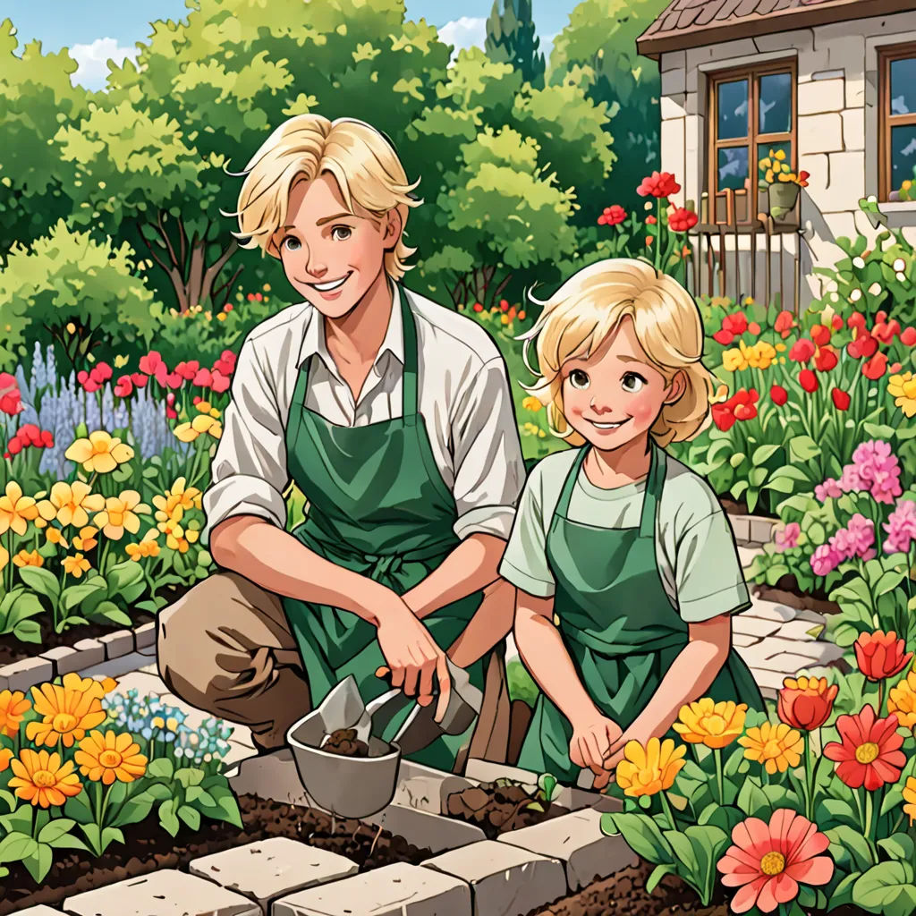 a man and a little girl are in a garden with flowers and plants in the background, and a house in the background, lyco art, a storybook illustration, Brothers Hildebrandt, storybook illustration