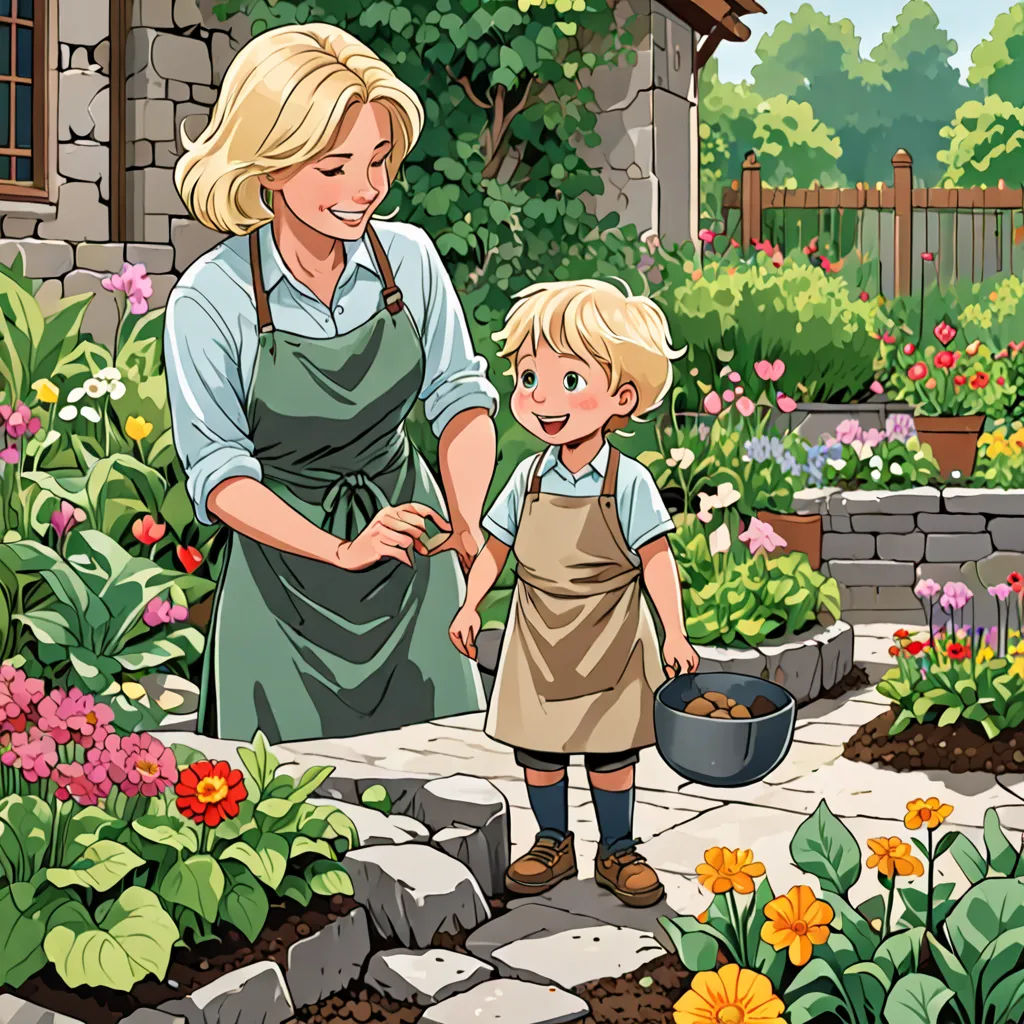 a woman and a child are in a garden with flowers and plants around them, and a house in the background, lyco art, a storybook illustration, Colin Middleton, storybook illustration