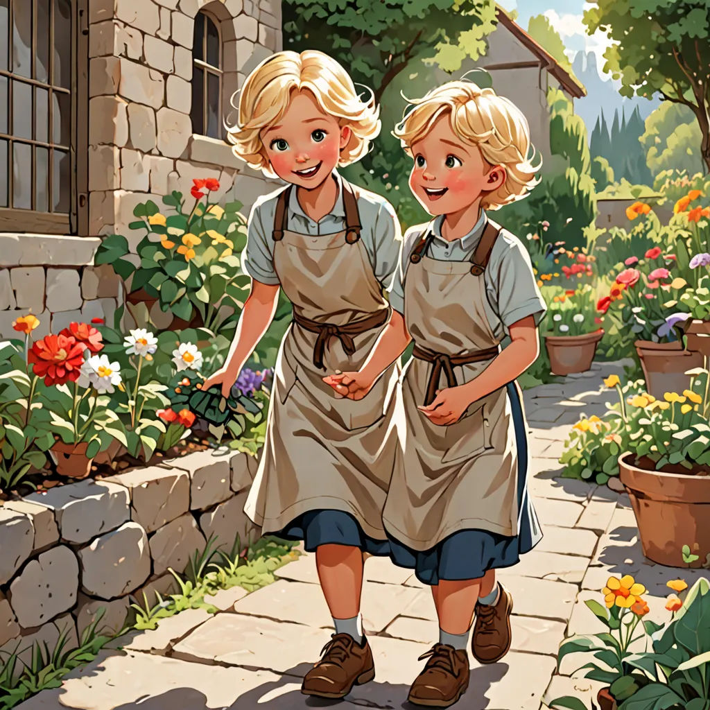 two children in aprons walking down a path in a garden with flowers and plants in pots on either side of them, synthetism, a storybook illustration, Brothers Hildebrandt, storybook illustration
