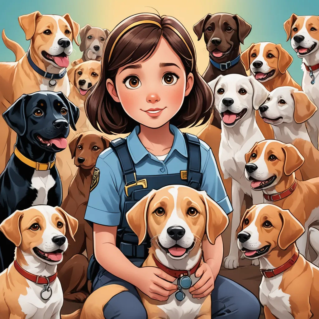 a girl sitting in front of a bunch of dogs with her arms crossed and her eyes closed, with a lot of dogs behind her, furry art, a storybook illustration, Carol Sutton, comic cover art