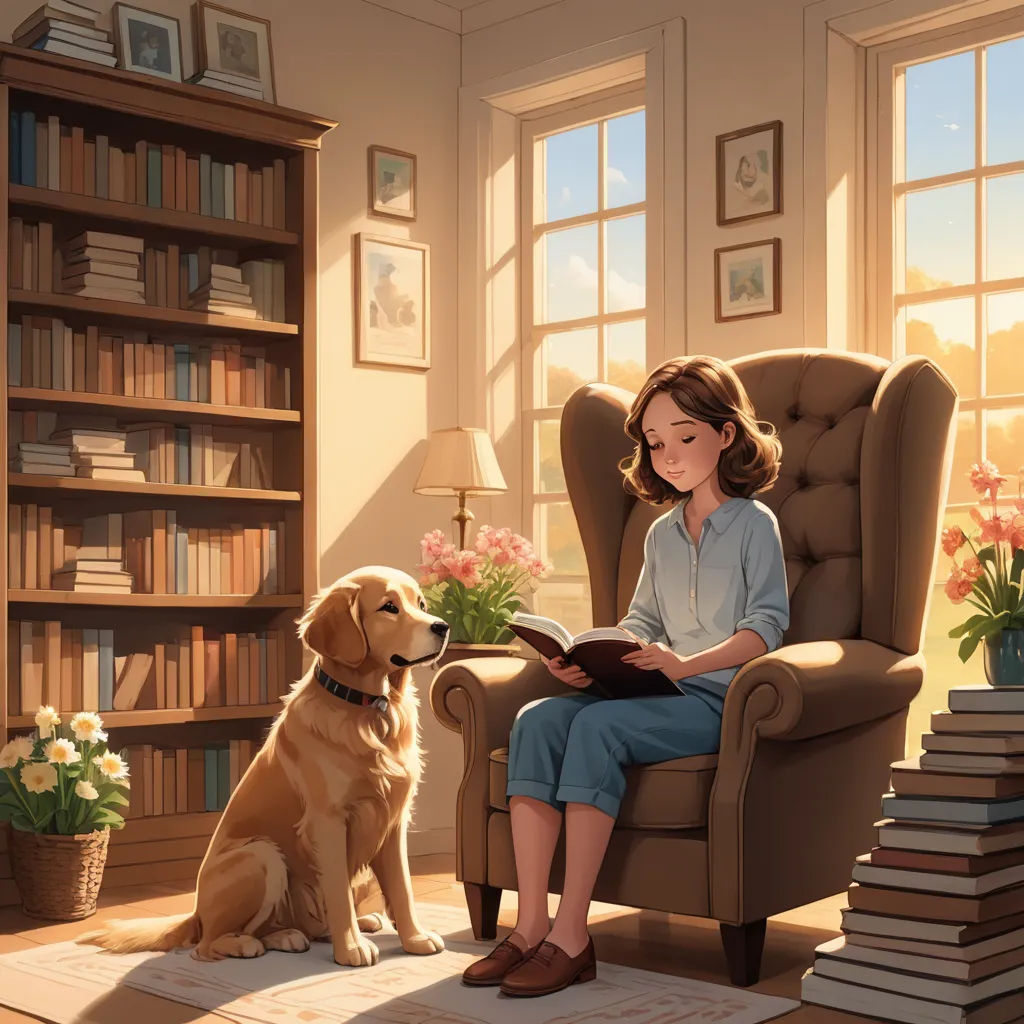 a woman sitting in a chair reading a book with a dog sitting next to her on the floor in front of a bookcase, american scene painting, a storybook illustration, Chris LaBrooy, storybook illustration