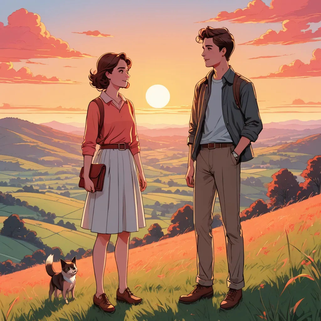 a man and a woman standing in a field with a dog looking at each other and a sunset behind them, serial art, a storybook illustration, Atey Ghailan, official art