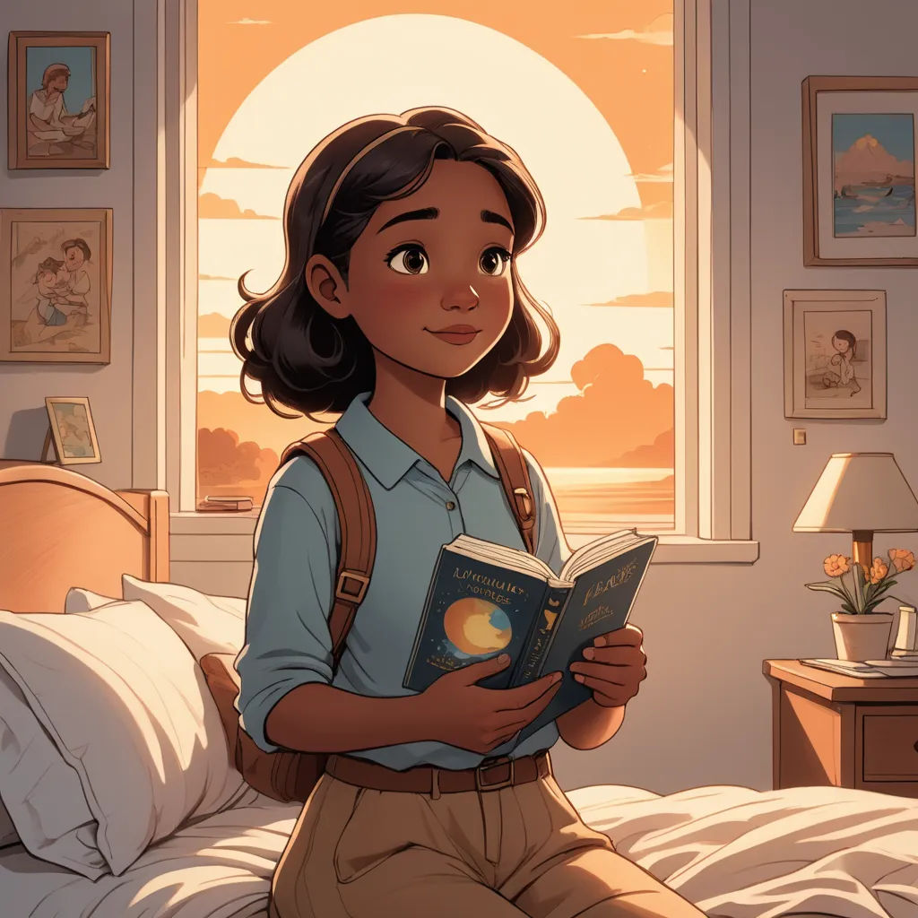 a girl sitting on a bed reading a book in a bedroom with a window and a sun in the background, fantasy art, a storybook illustration, Cliff Childs, rossdraws global illumination