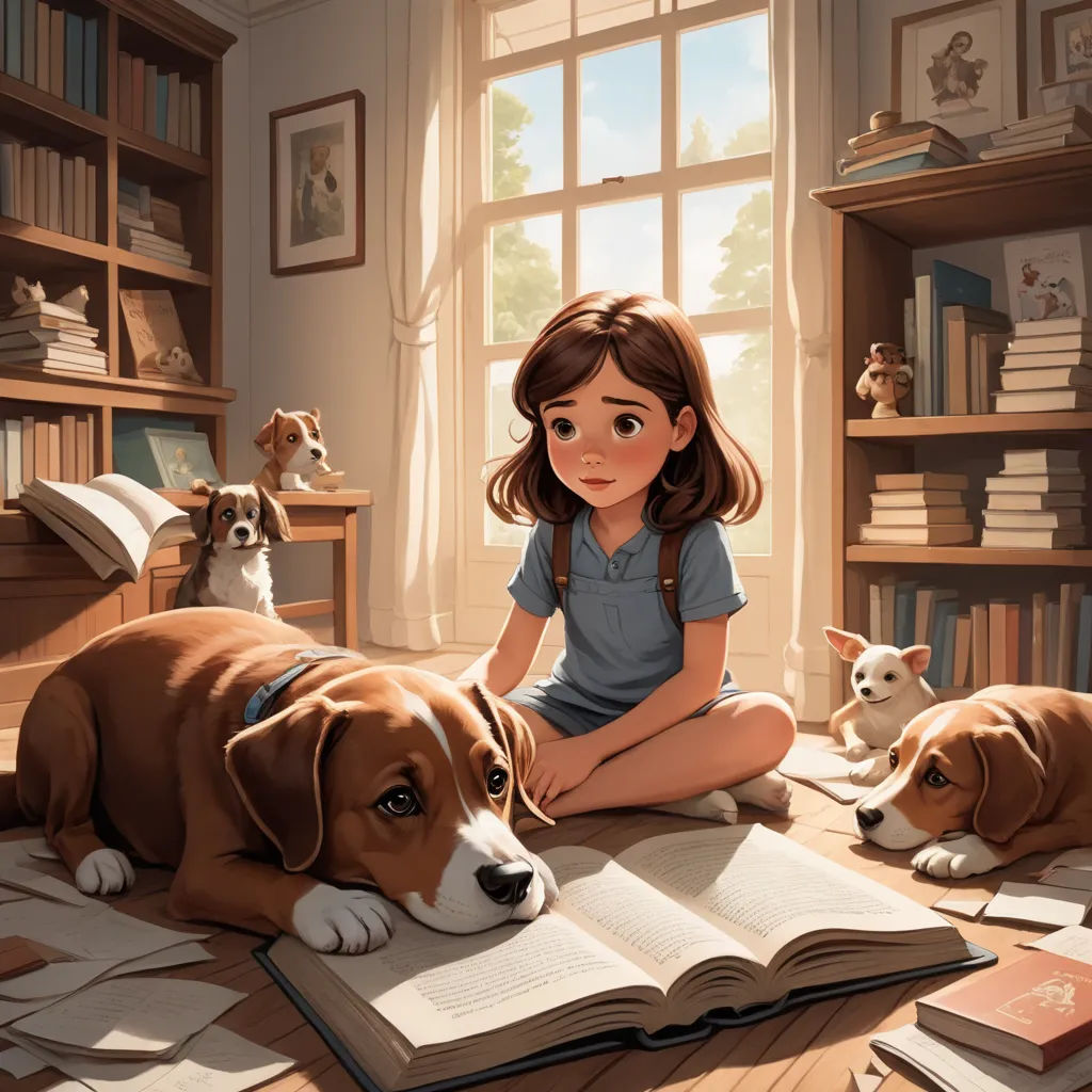 a girl sitting on the floor with two dogs and a book in front of her on the floor is a bookcase, fantasy art, a storybook illustration, Diego Gisbert Llorens, storybook illustration