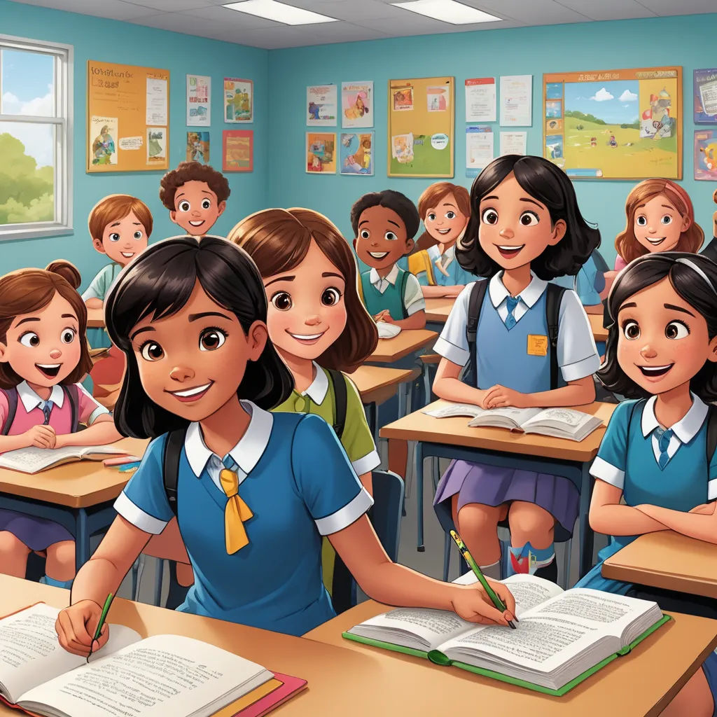 a cartoon of a classroom full of students with a teacher in the background writing on a book and a pencil, danube school, a storybook illustration, Fernando Amorsolo, official art