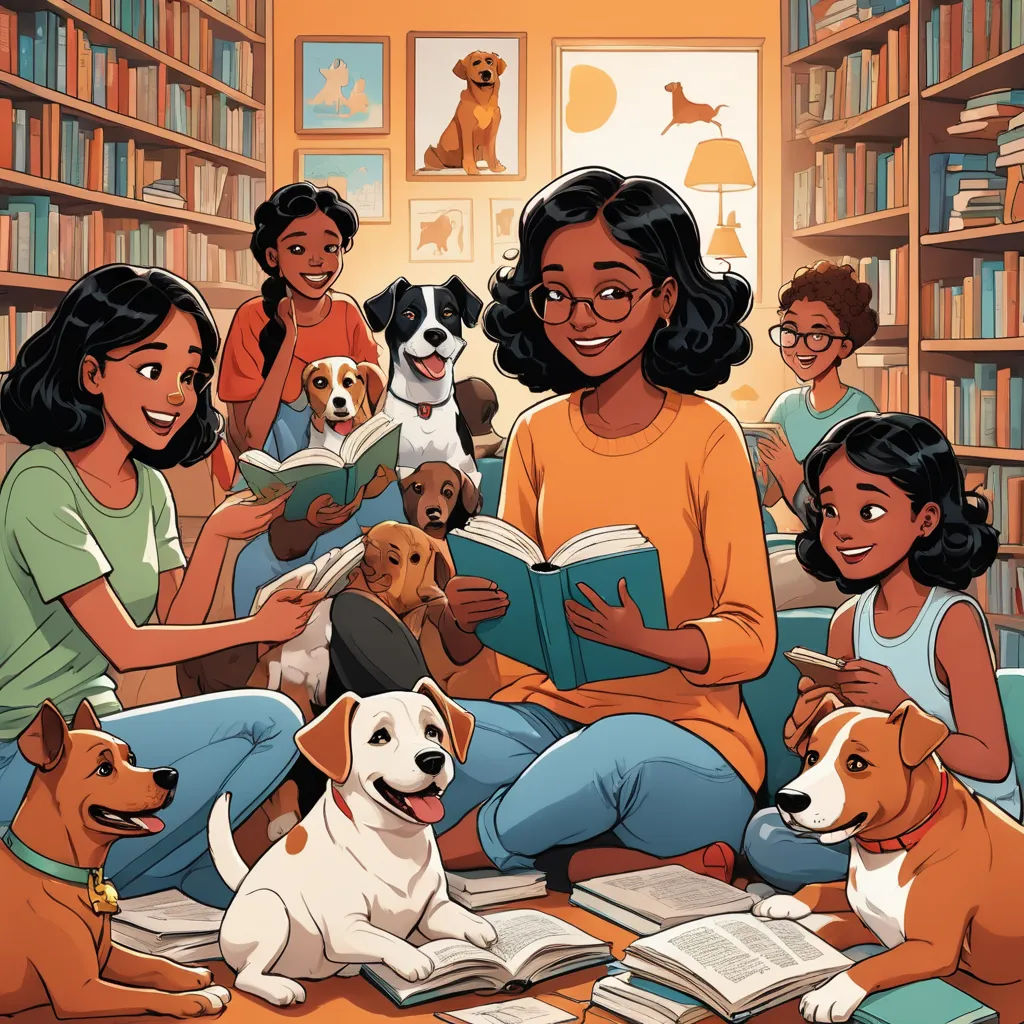 a woman reading a book with her dogs in a library with other children and dogs sitting around her on the floor, process art, a storybook illustration, Elinor Proby Adams, comic cover art