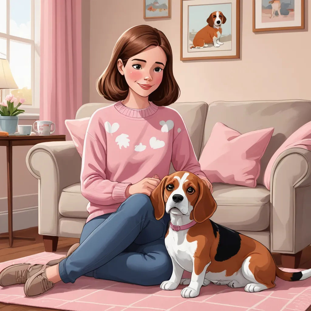 a woman sitting on a rug with a dog in front of her on a pink rug in a living room, sots art, a character portrait, Elinor Proby Adams, key art