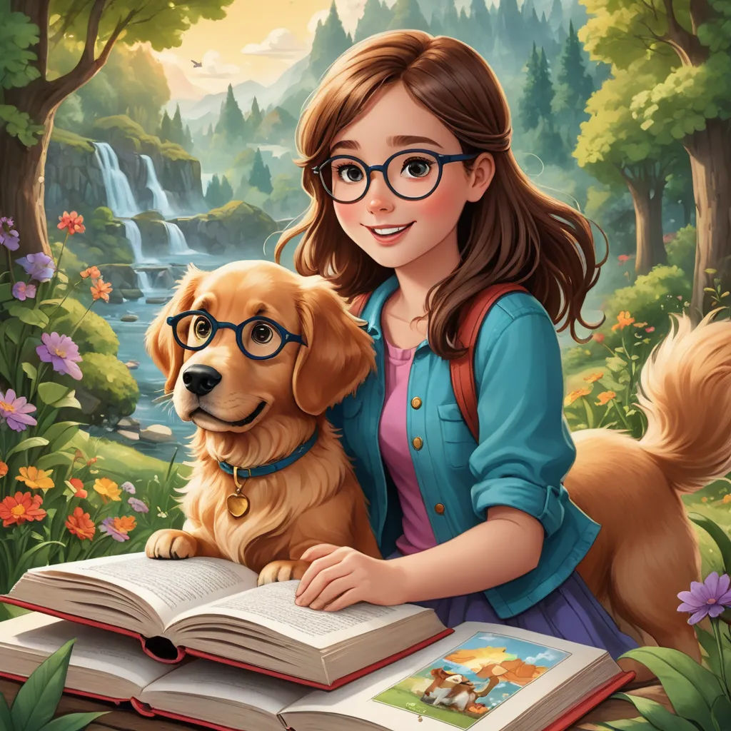 a girl is reading a book with her dog in front of her and a waterfall in the background with flowers, serial art, a storybook illustration, Elinor Proby Adams, comic cover art