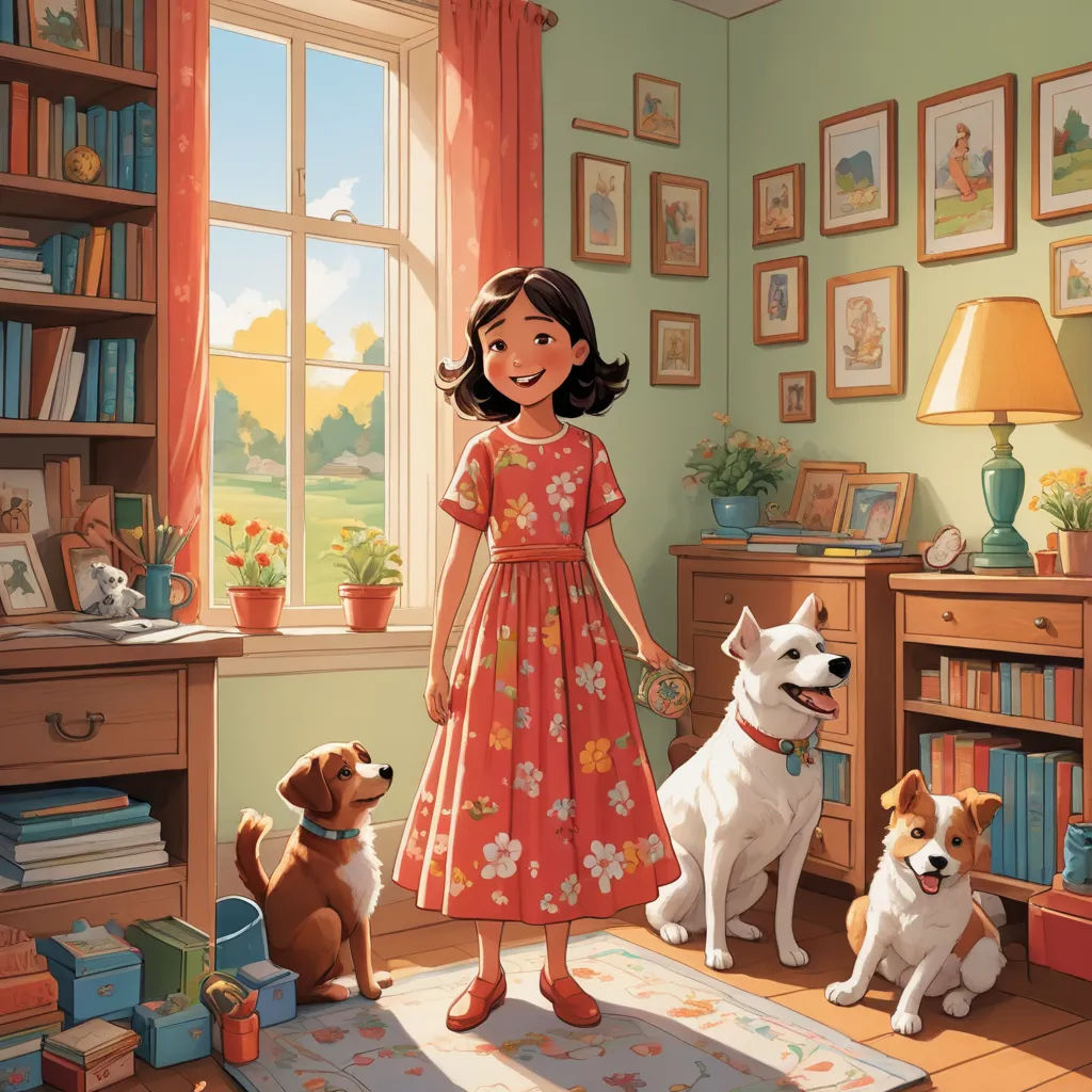 a girl in a red dress standing next to two dogs in a room with a bookcase and a window, american scene painting, a storybook illustration, Elinor Proby Adams, storybook illustration