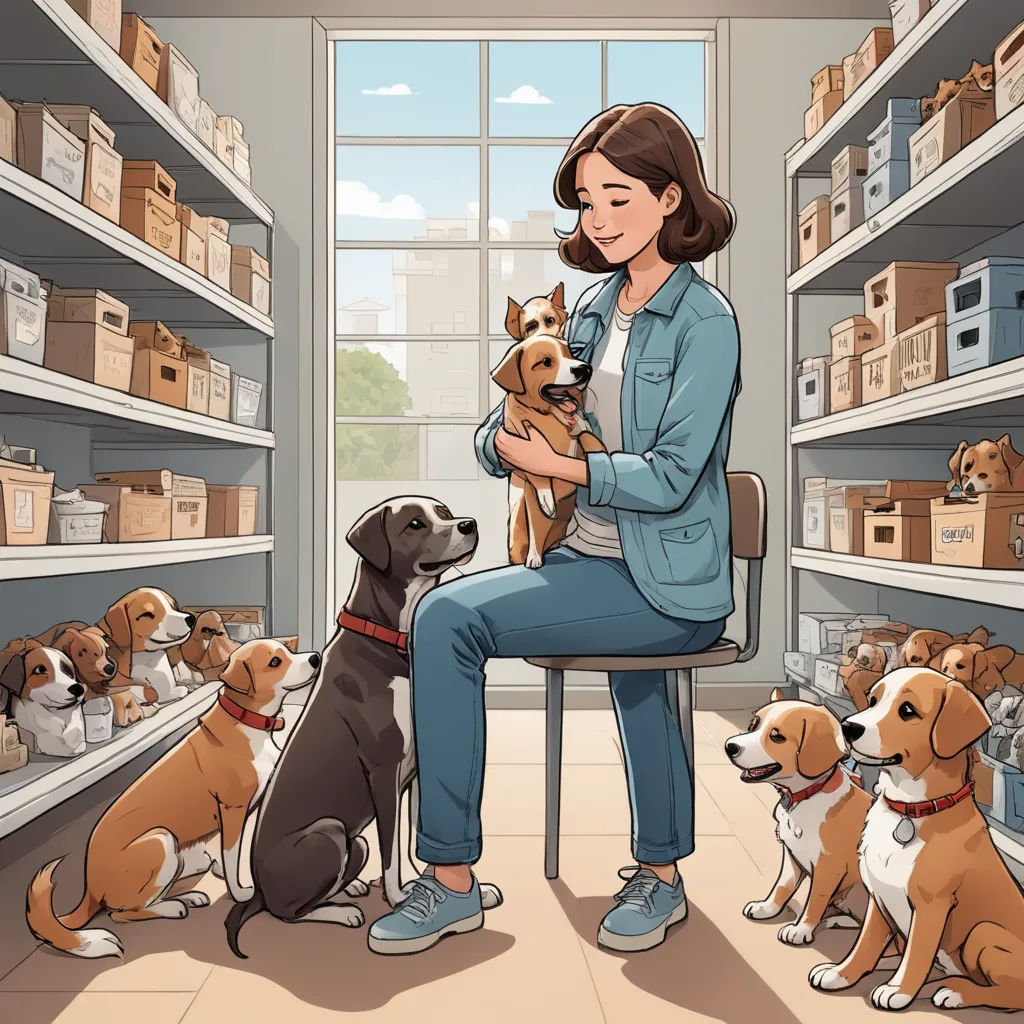 a woman sitting in a chair with two dogs in a store filled with boxes and boxes on shelves and shelving, furry art, a storybook illustration, Elinor Proby Adams, storybook illustration