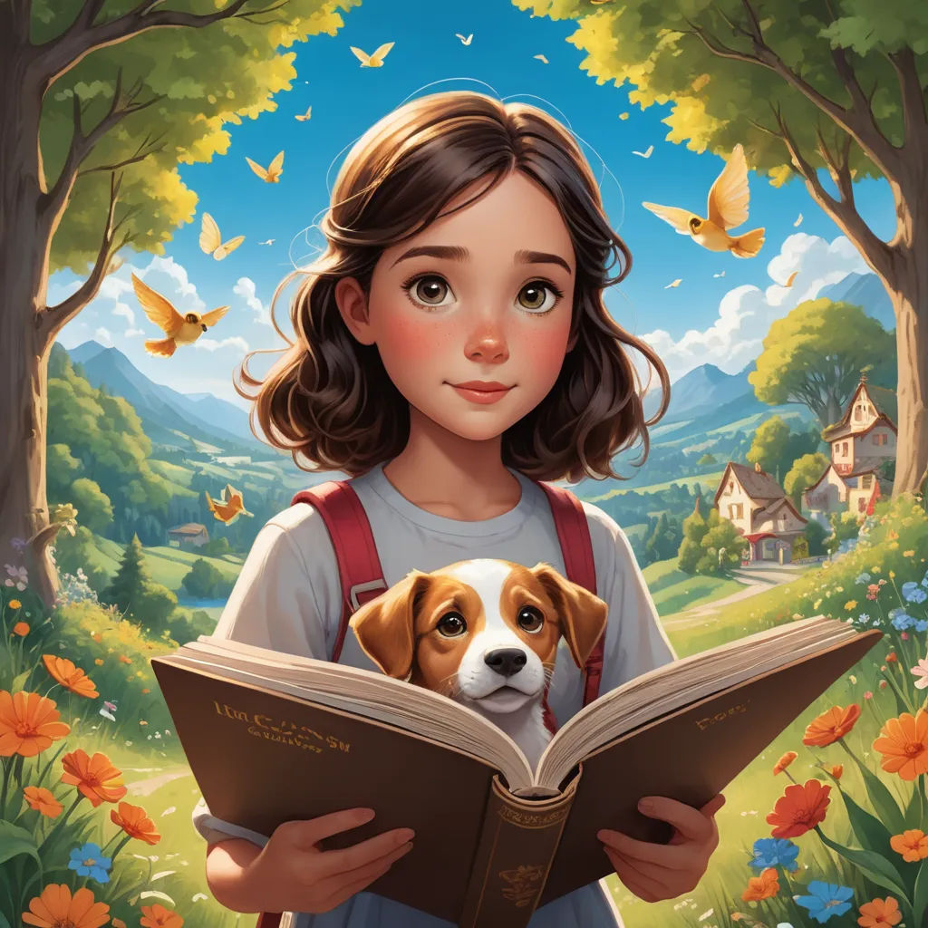 a girl reading a book with a dog in her lap and butterflies flying around her head and a dog in her lap, magical realism, a storybook illustration, Aaron Jasinski, storybook illustration