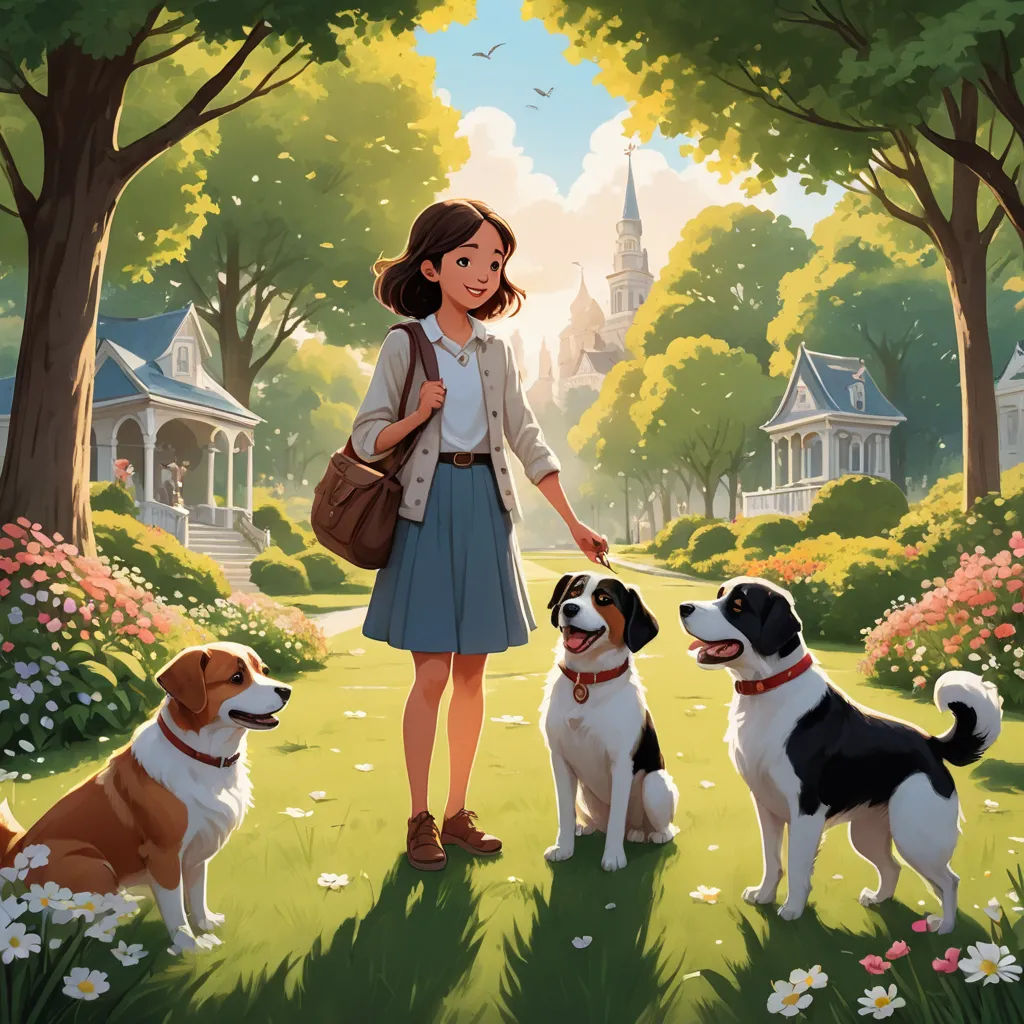 a girl is standing in the park with three dogs and a cat is looking at her in the distance, american scene painting, a storybook illustration, Aaron Jasinski, official art