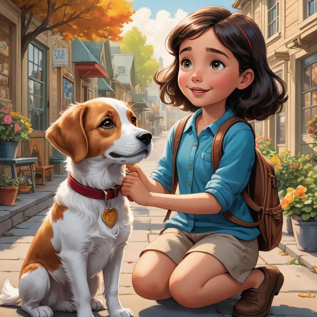 a girl petting a dog on the street with a city background and flowers in the background, and a dog sitting on the ground, american scene painting, a storybook illustration, Charles Schulz, kinkade