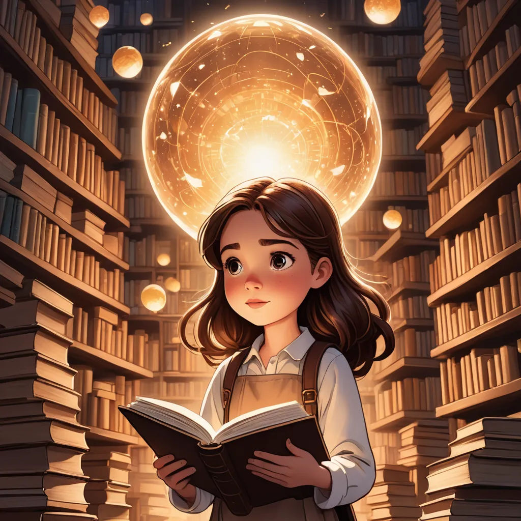 a girl is reading a book in a library with a giant ball of light above her head and a bookcase in the background, fantasy art, a storybook illustration, Cyril Rolando, rossdraws global illumination
