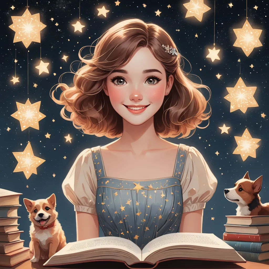 a girl is reading a book with her dog sitting on her lap and stars in the background of the picture, fantasy art, a storybook illustration, Artgerm, storybook illustration