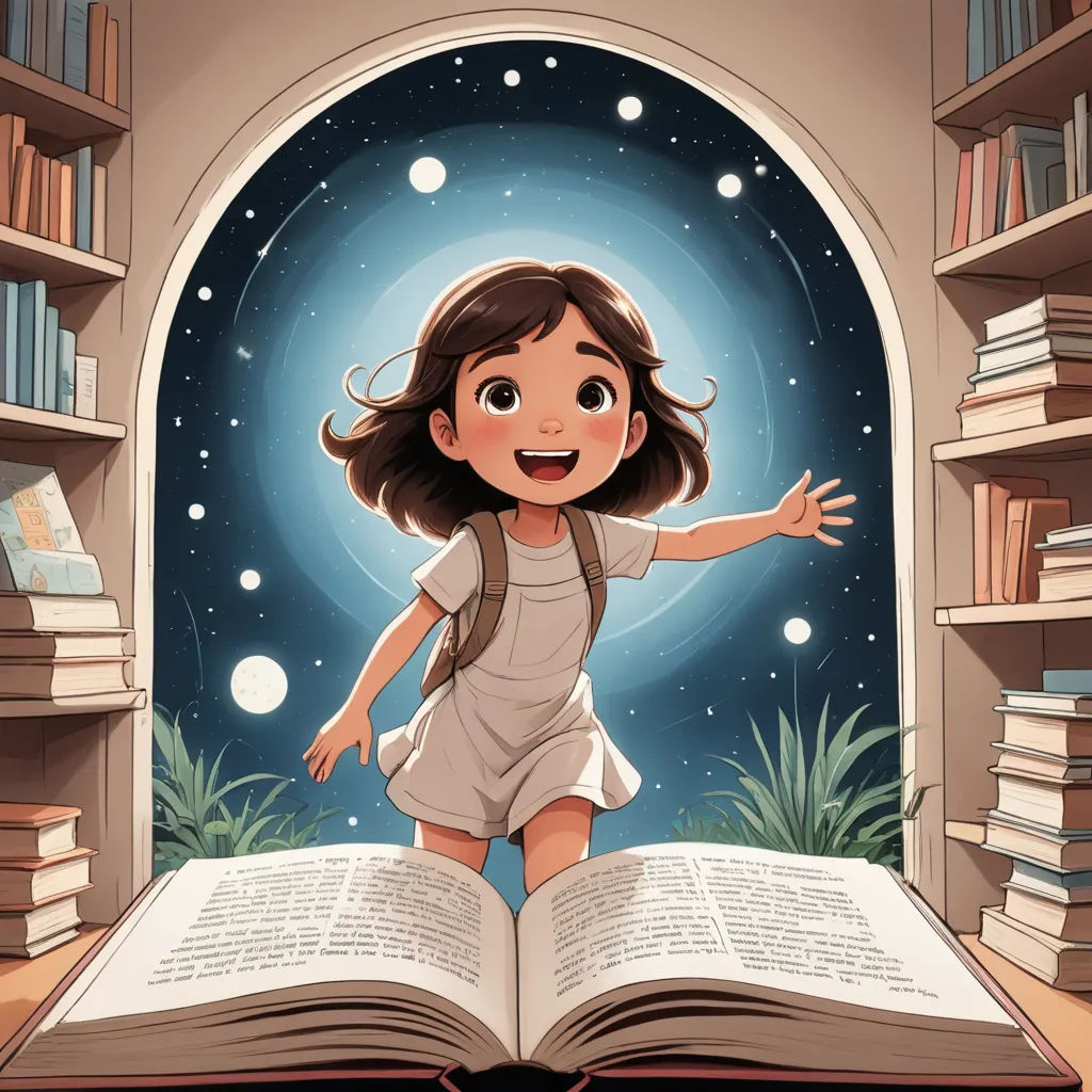 a girl is standing on a book in a library and smiling at the camera while she is reading a book, fantasy art, a storybook illustration, Atey Ghailan, storybook illustration