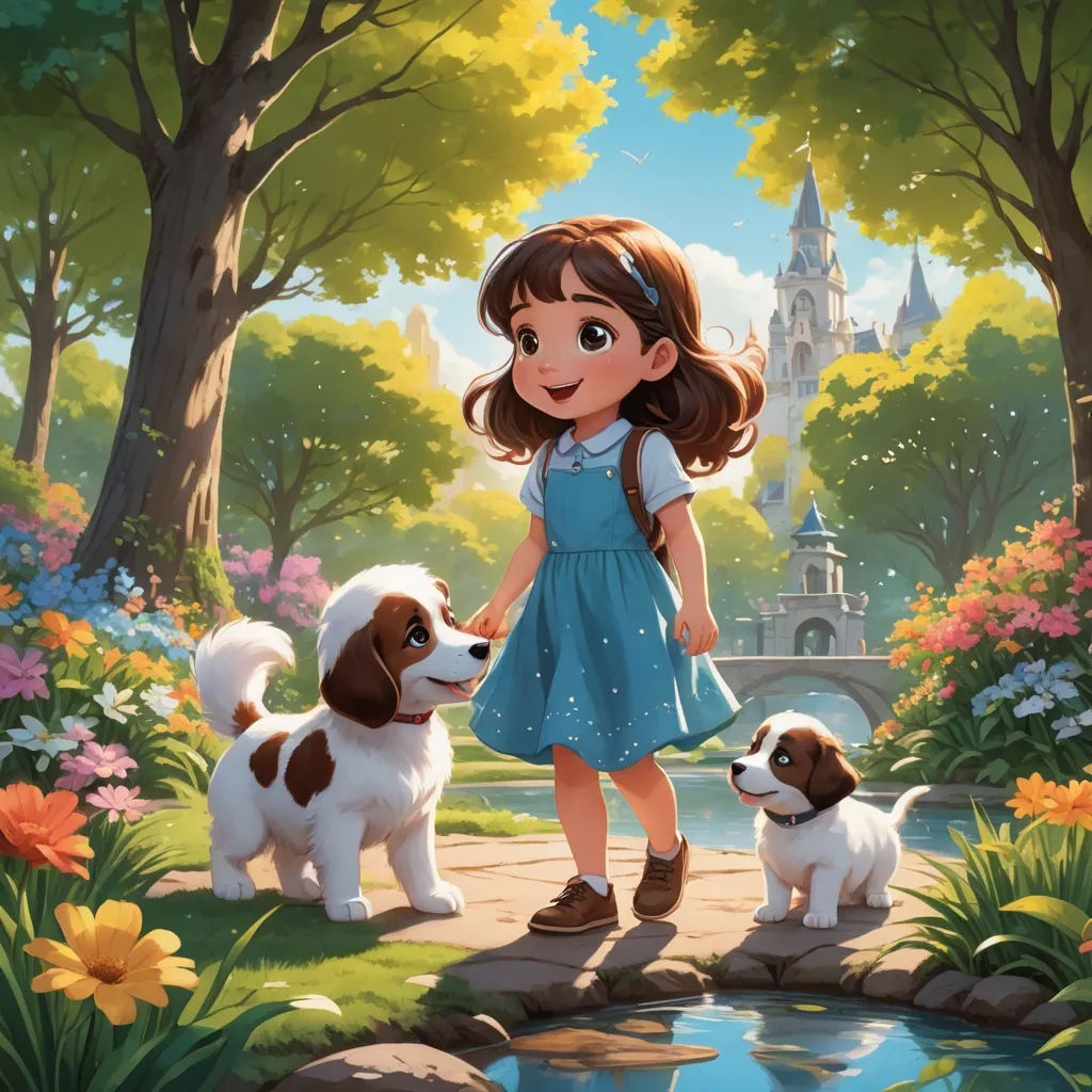 a girl in a blue dress is holding two dogs in a park with flowers and trees around her and a castle in the background, sots art, a storybook illustration, disney, official art